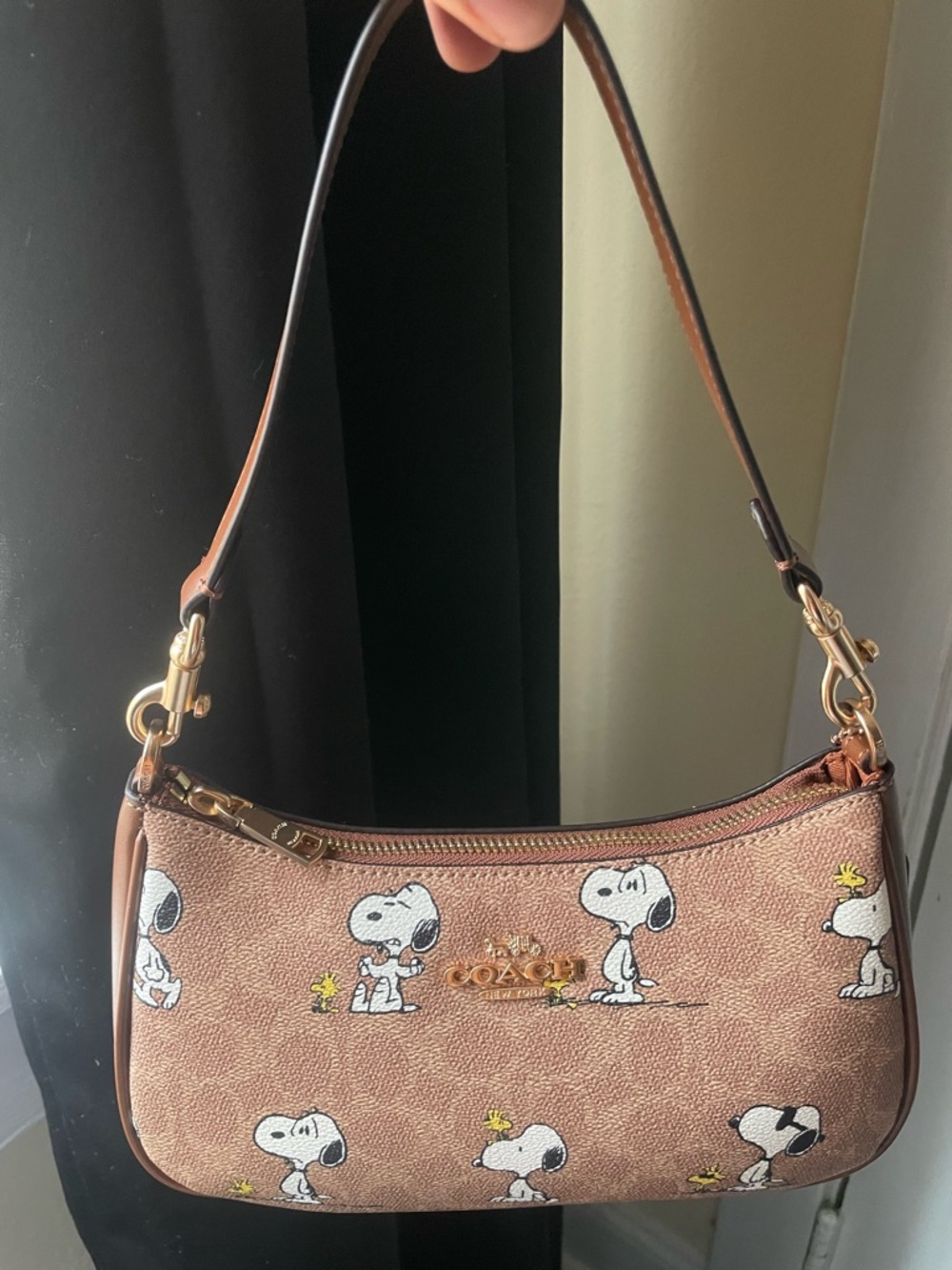 Coach Taupe Snoopy Print Shoulder Bag with Gold Hardware